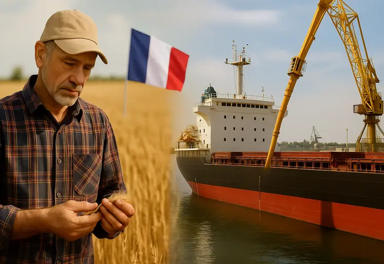 À gauche, un agriculteur français observe des épis de blé dans un champ où flotte le drapeau tricolore ; à droite, un cargo est en cours de chargement de céréales au port. 