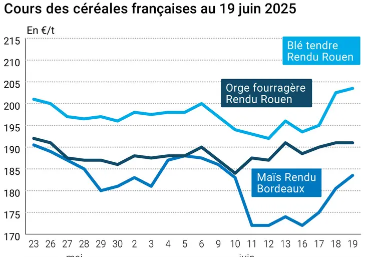 Graphique prix blé orge maïs France du 19 juin 2025
