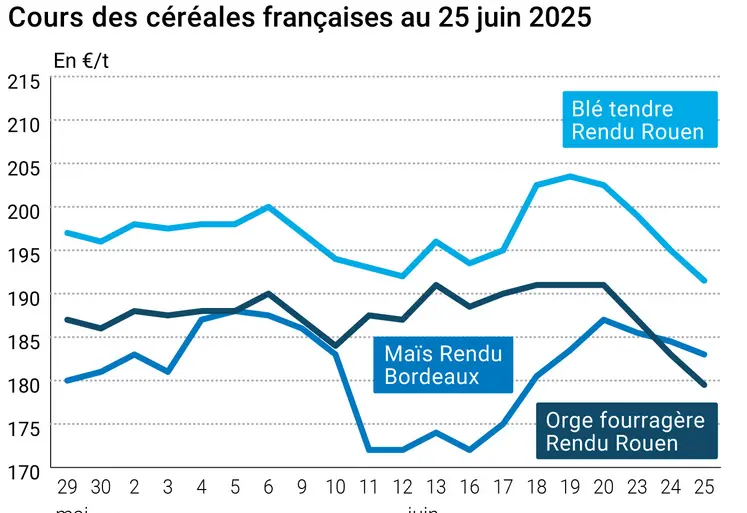 Graphique prix blé orge maïs France du 25 juin 2025