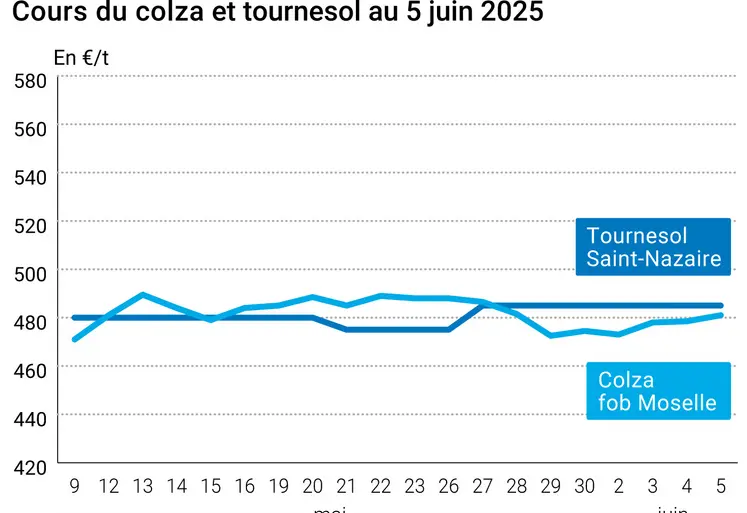 Graphique prix colza tournesol France du 5 juin 2025