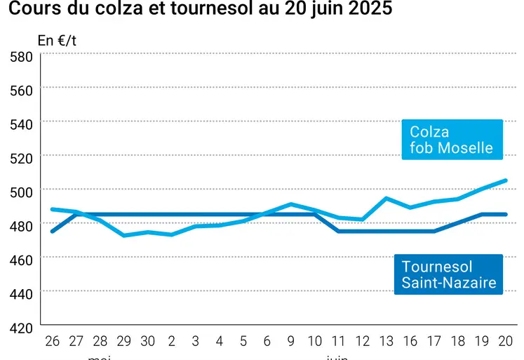 Graphique prix colza tournesol France du 20 juin 2025