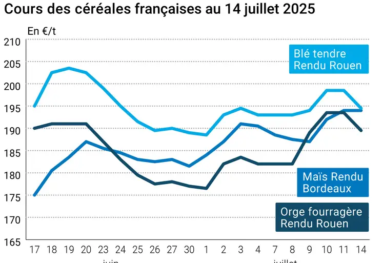 Graphique prix blé orge maïs France au 14 juillet 2025
