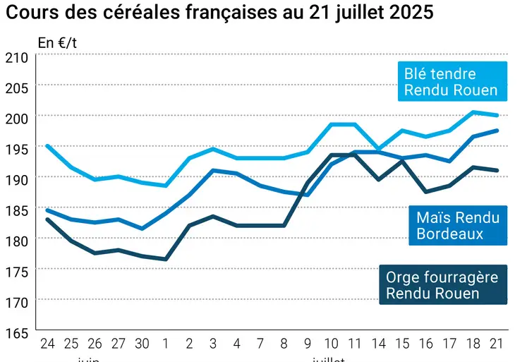 Graphique prix blé orge maïs France du 21 juillet 2025