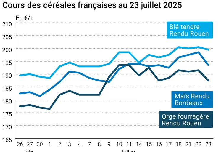 Graphique prix blé orge maïs France du 23 juillet 2025