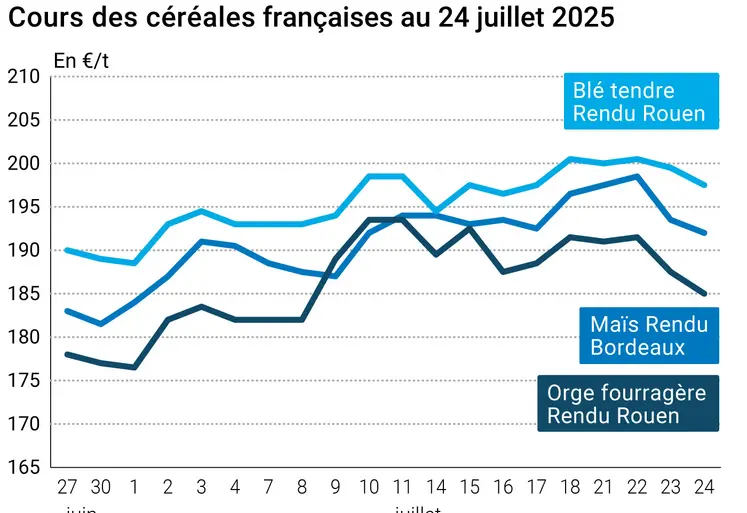 Graphique prix blé orge maïs France du 24 juillet 2025