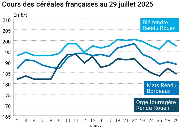 Graphique prix blé orge maïs France du 29 juillet 2025