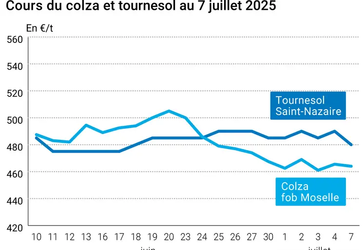 Graphique prix colza tournesol France du 7 juillet 2025