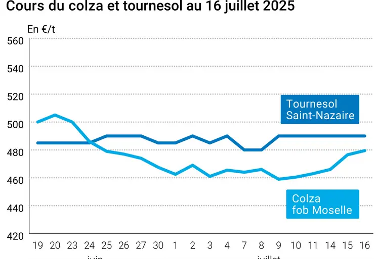 Graphique prix colza tournesol France au 16 juillet 2025