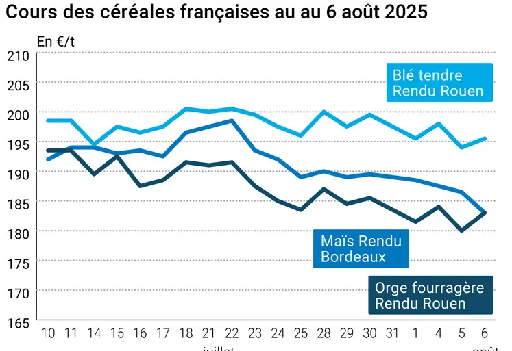 Graphique prix blé orge maïs France du 6 août 2025