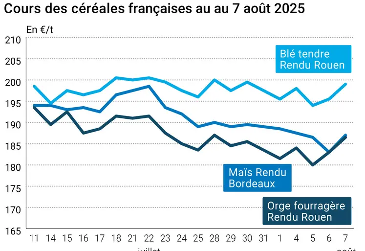 Graphique prix blé orge maïs France du 7 août 2025