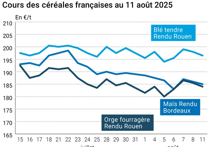 Graphique prix blé orge maïs France du 11 août 2025