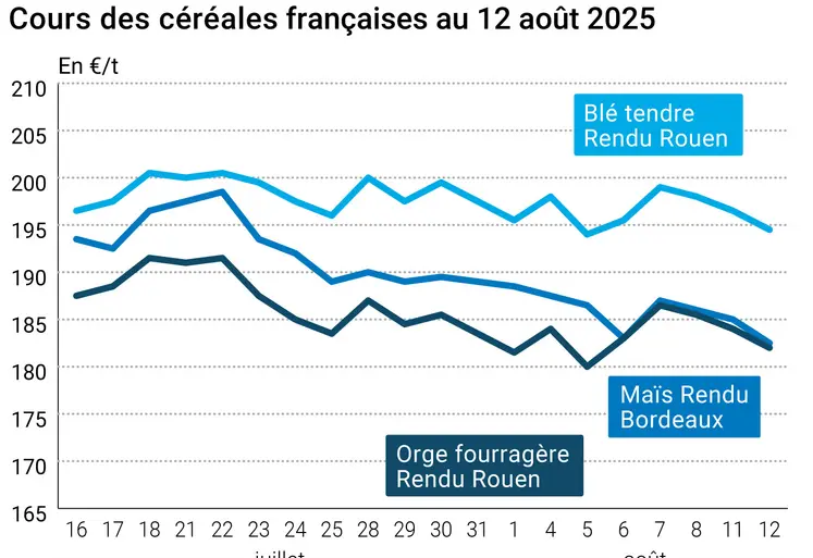 Graphique prix blé orge maïs France du 12 août 2025