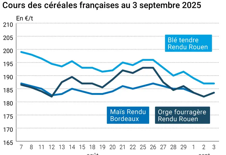 Graphique prix blé orge maïs France du 3 septembre 2025