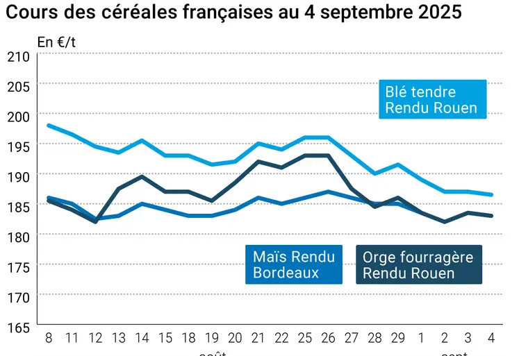 Graphique prix blé orge maïs France du 4 septembre 2025