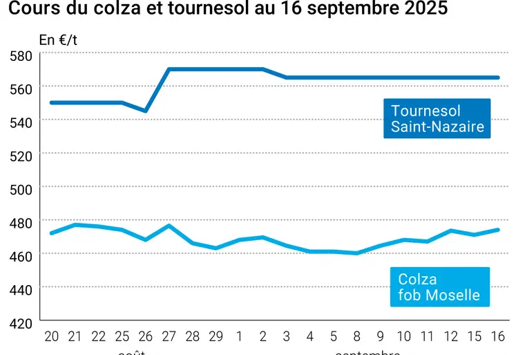 Graphique prix colza tournesol France du 16 septembre 2025