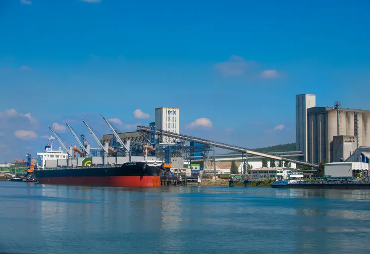 Navire à quai, devant silos portuaires Sénalia, au port de Rouen.