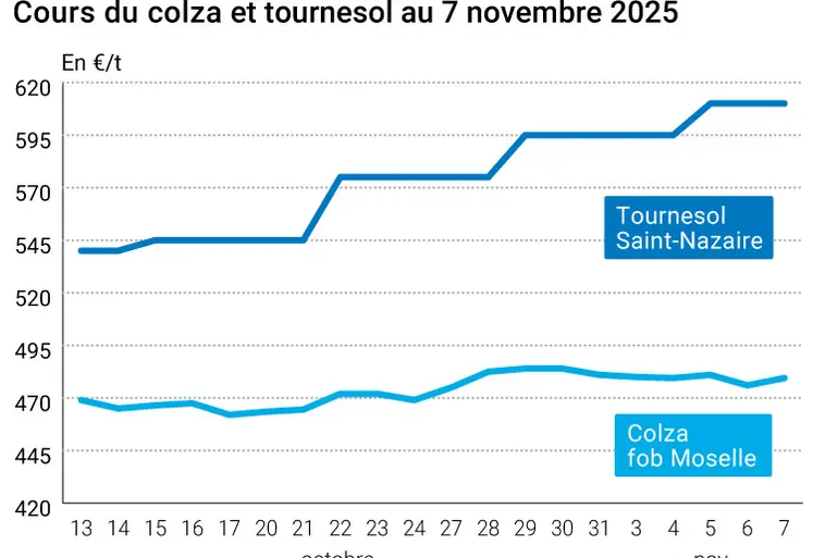 Graphique prix colza tournesol France au 7 novembre 2025 