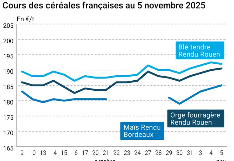 Graphique prix blé maïs orge France au 5 novembre 2025