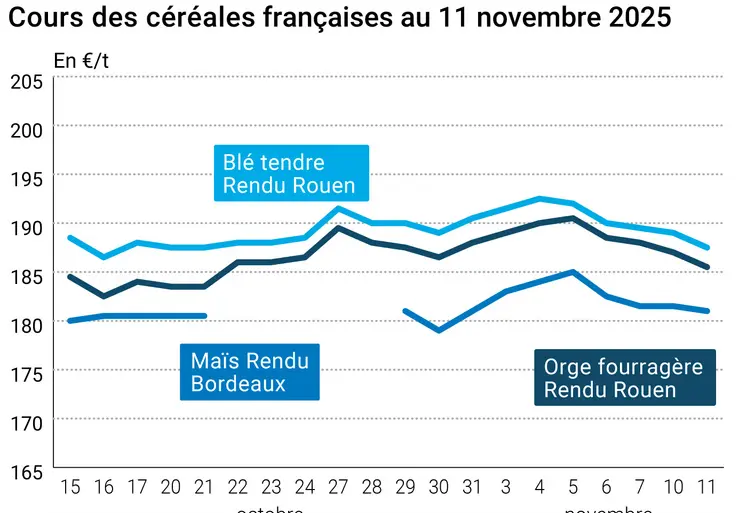 Graphique prix blé maïs orge France au 11 novembre 2025 