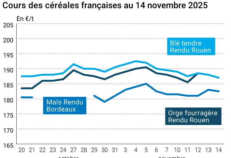 Graphique prix blé maïs orge France au 14 novembre 2025 