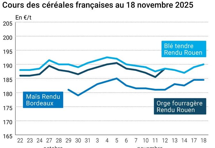 Graphique prix blé orge maïs France au 18 novembre 2024