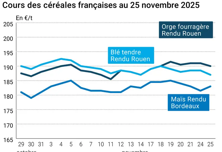 Graphique prix blé maïs orge France au 25 novembre 2025 