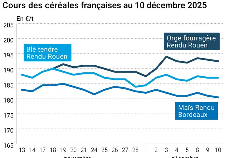 Graphique prix blé orge maïs France au 10 décembre 2025