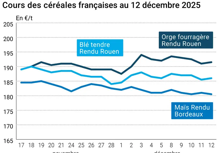 Graphique prix blé orge maïs France au 12 décembre 2025 