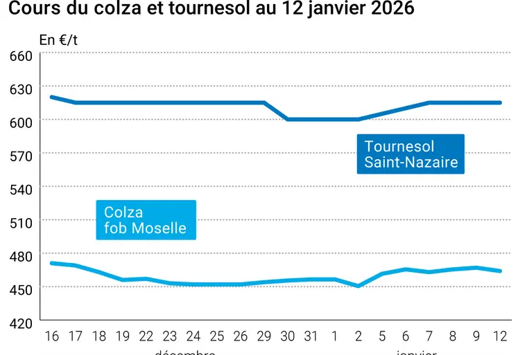 Graphique prix colza tournesol France au 12 janvier 2026 