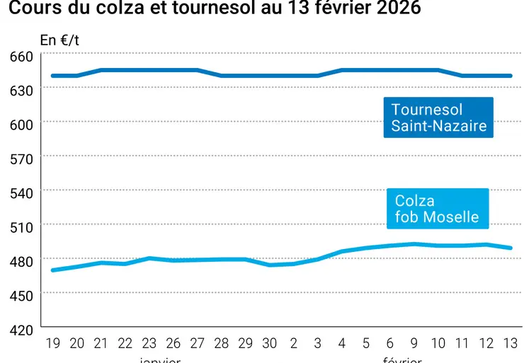 Graphique prix colza tournesol France au 13 février 2026  