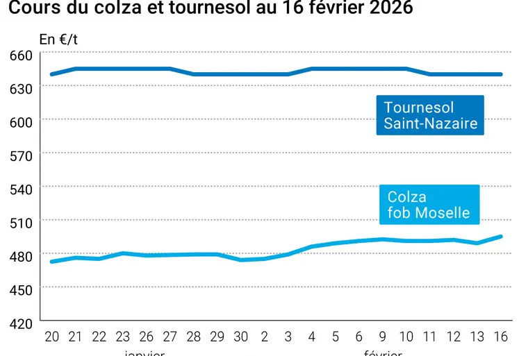 Graphique prix colza tournesol France au 16 février 2026  