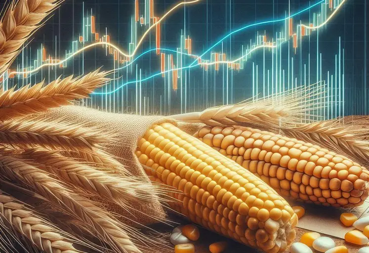 Image générée par l'IA, avec épis de maïs et de blé sur fond de courbes d'évolution.