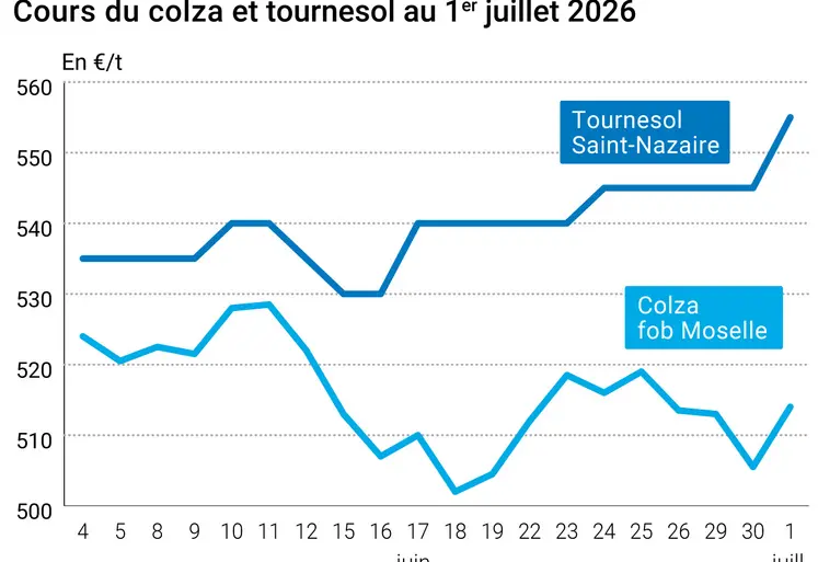 Graphique prix colza tournesol France au 1er juillet 2026 