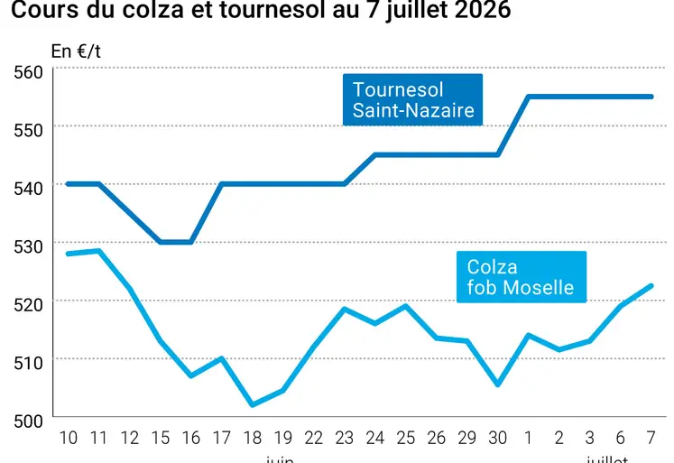 Graphique prix colza tournesol France au 7 juillet 2026 