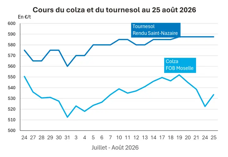 Graphique prix colza tournesol France au 25 août 2026 