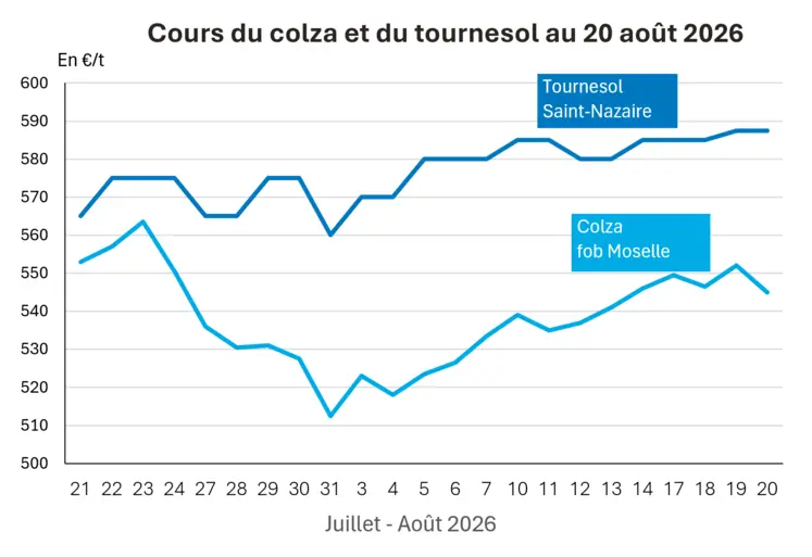Graphique prix colza tournesol France au 20 août 2026 