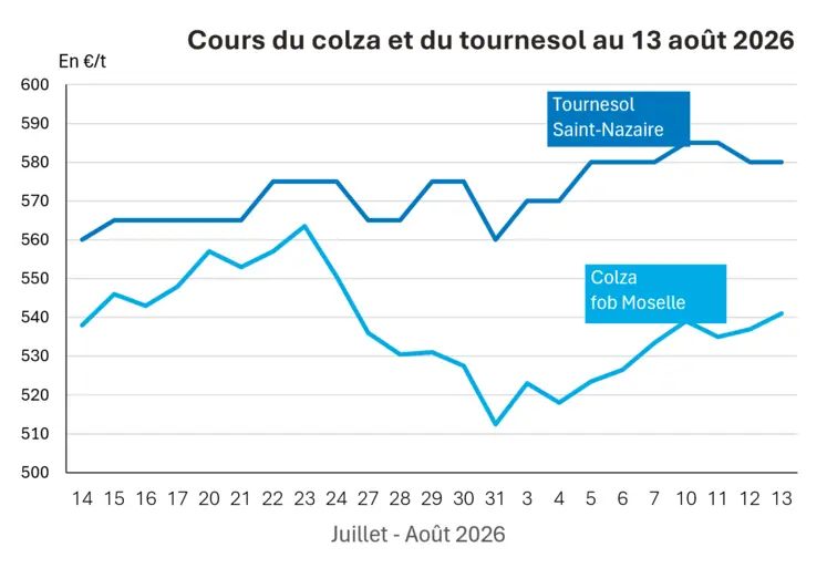 Graphique prix colza tournesol France au 13 août 2026