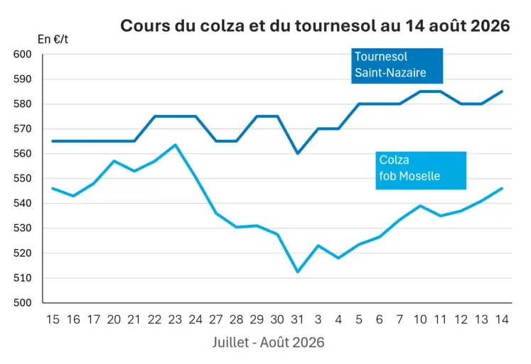 Graphique prix colza tournesol France au 14 août 2026