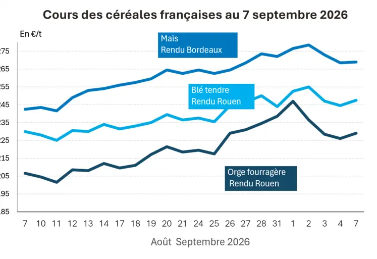 Graphique prix blé maïs orge France au 7 septembre 2026 