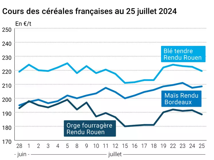 Graphe des prix du blé tendre, du maïs et de l'orge fourragère en France au 24 juillet