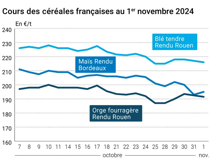 Graphique cours céréales françaises au 1er novembre 2024