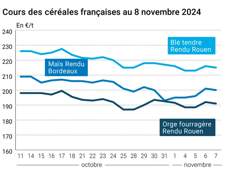 Graphique cours céréales françaises du 8 novembre 2024 