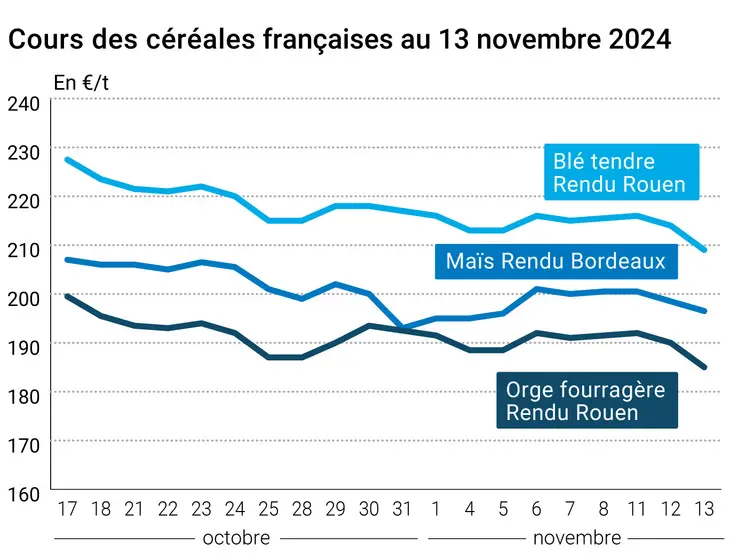 Graphique cours céréales françaises au 13 novembre 2024
