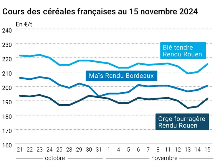 Graphique cours céréales françaises au 15 novembre 2024