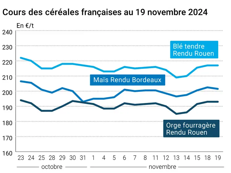 Graphique cours céréales françaises au 19 novembre 2024