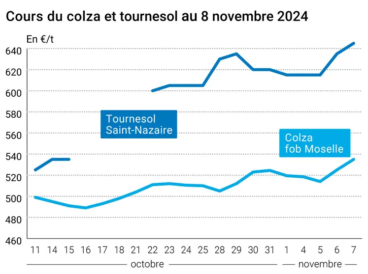 Graphique cours oléagineux français du 8 novembre 2024