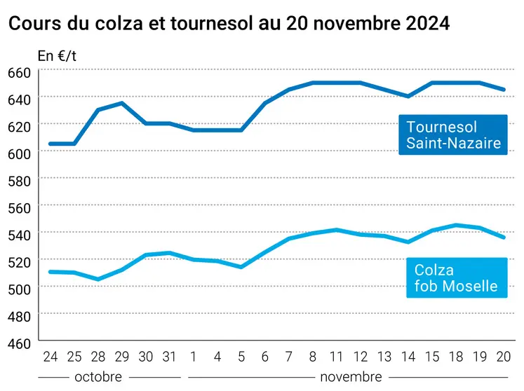 Graphique cours oléagineux françaises au 20 novembre 2024