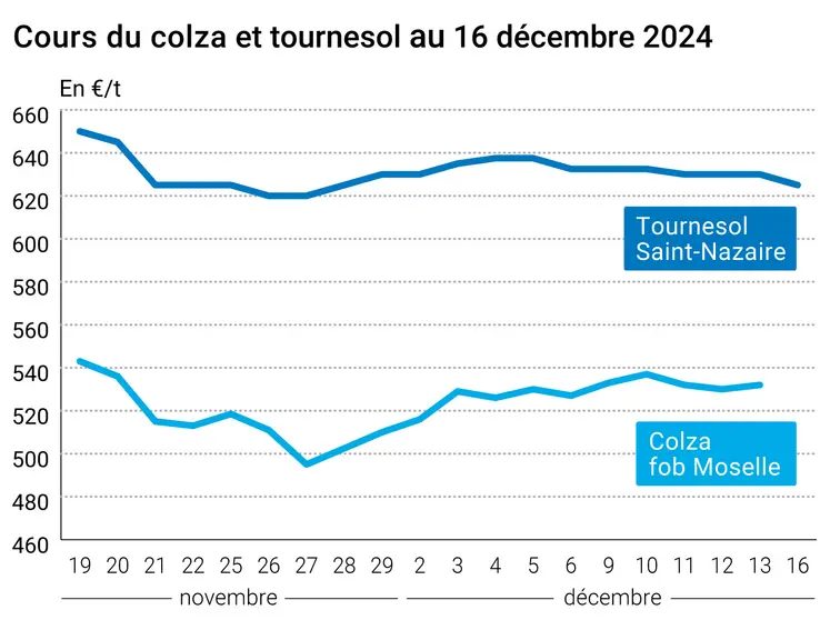 Graphique cours oléagineux français au 16 décembre 2024