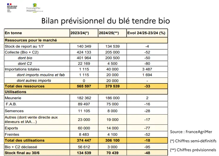 Bilan prévisionnel du blé tendre bio français au 19 décembre 2024.