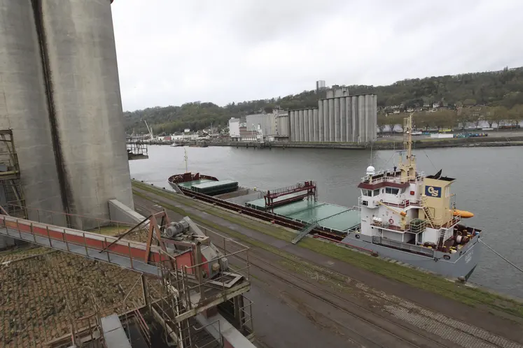 navire à quai devant des silos de grains de Sénalia sur le port de Rouen.